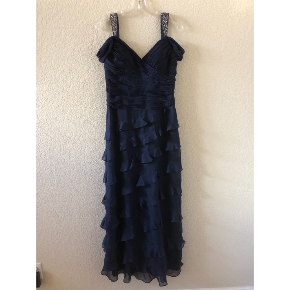 JS Collections Navy ruffle off shoulder dress